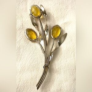 Vintage  Sterling Silver & Cut Crystal Brooch, Floral Leaf Design